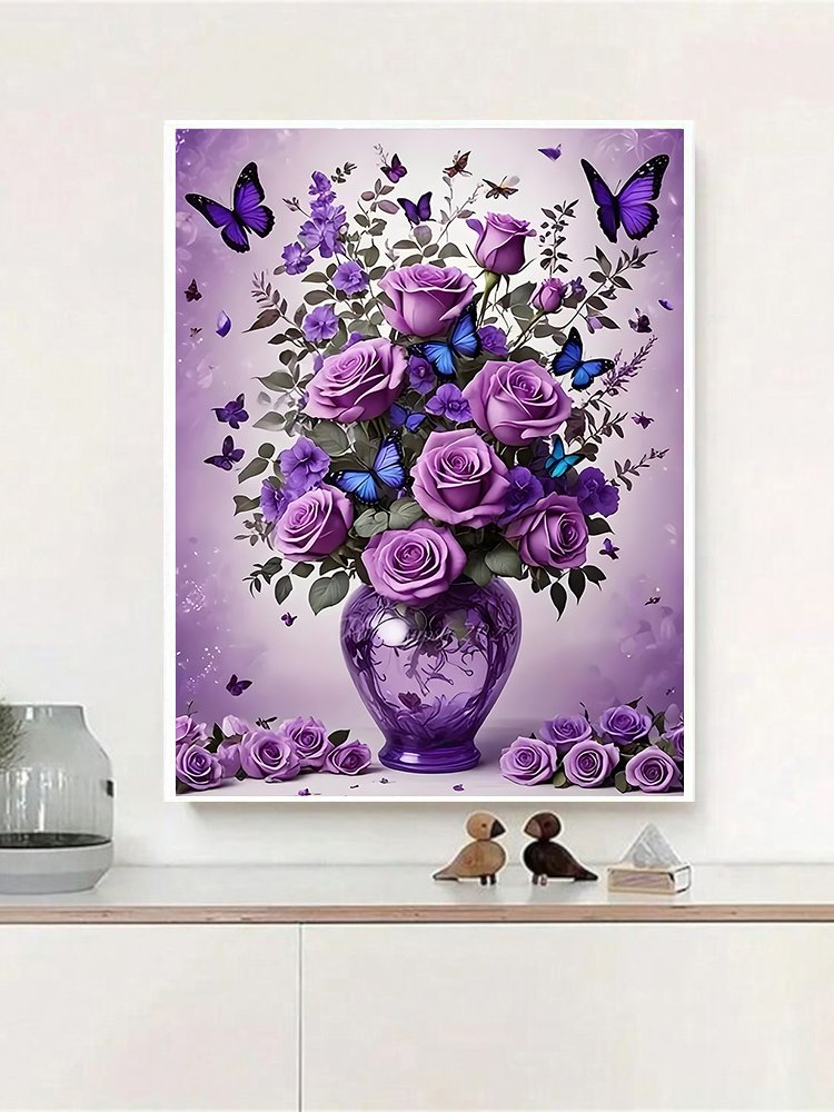 Diamond painting kit featuring a vase of purple roses and butterflies against a soft purple background.