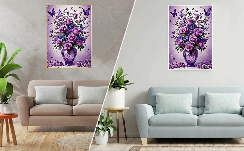 Diamond painting kit of purple roses and butterflies in a vase, displayed in a living room setting.