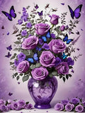 Purple roses and butterflies in a vase, with scattered roses at the base.
