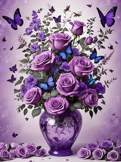 Purple roses and butterflies in a vase, with scattered roses at the base.