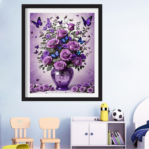 Framed 5D diamond art painting of purple roses and butterflies in a vase.