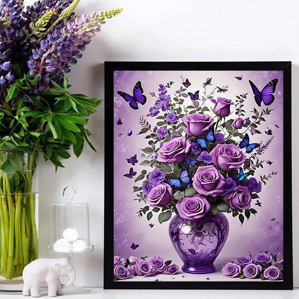 Framed 5D diamond art kit painting of purple roses and butterflies in a vase, with purple flowers and green leaves.