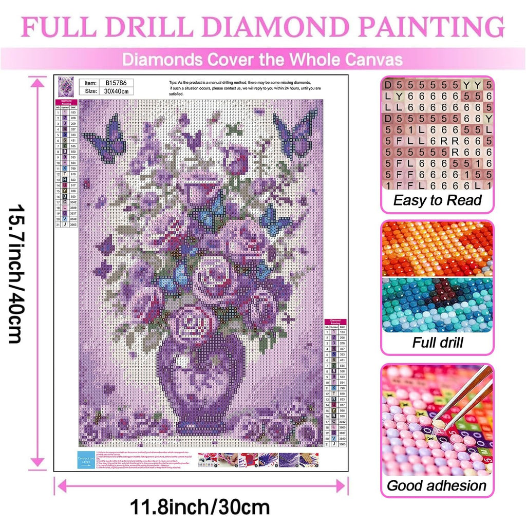 Diamond painting kit showing a floral bouquet in a vase with butterflies, with a color key and instructions.