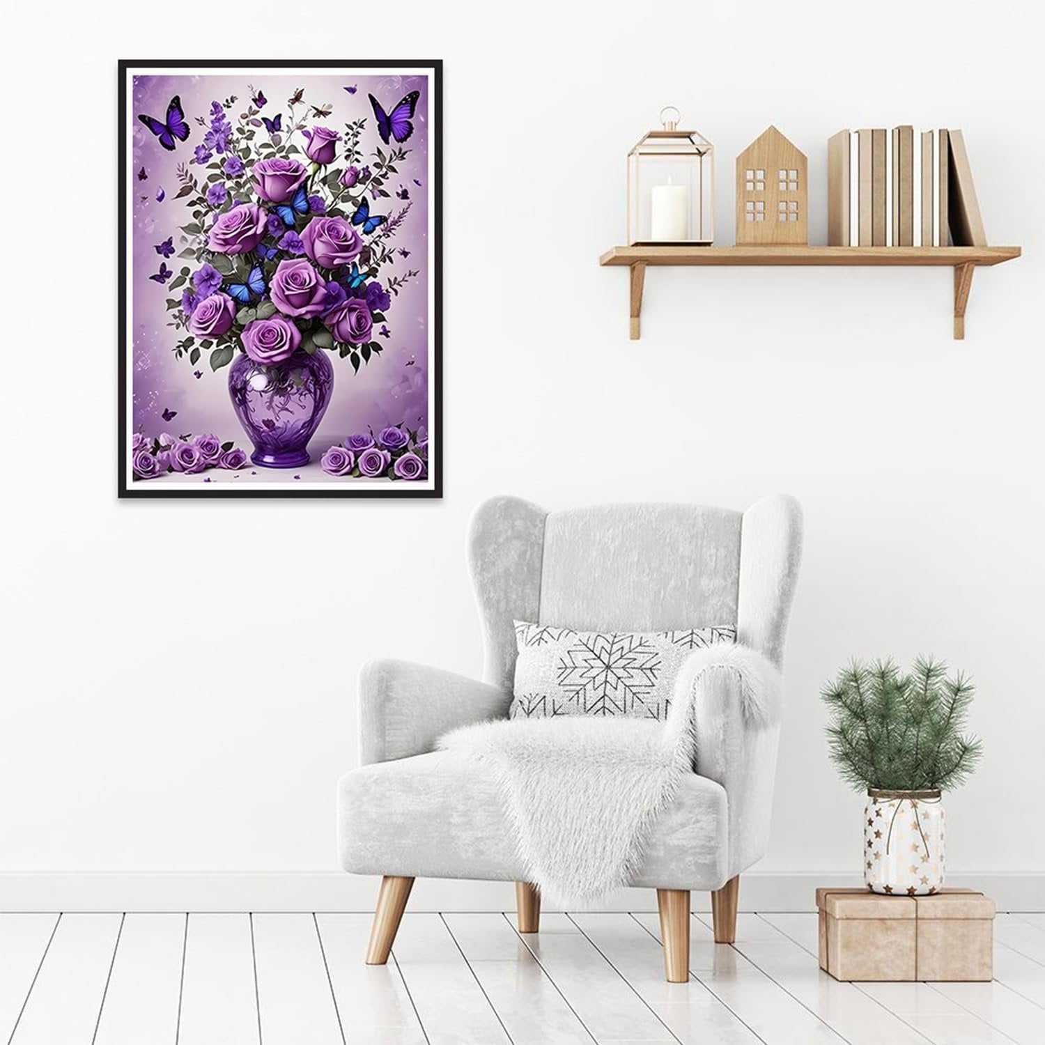 Diamond painting kit of purple roses and butterflies in a vase, displayed in a living room setting with a chair and shelf.