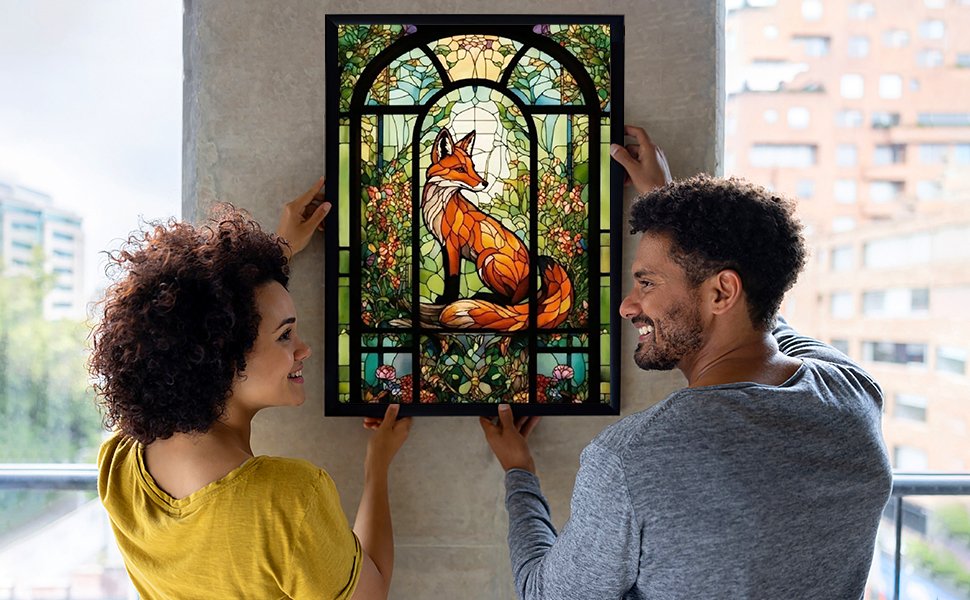 Couple holding a stained glass style fox diamond painting kit artwork indoors