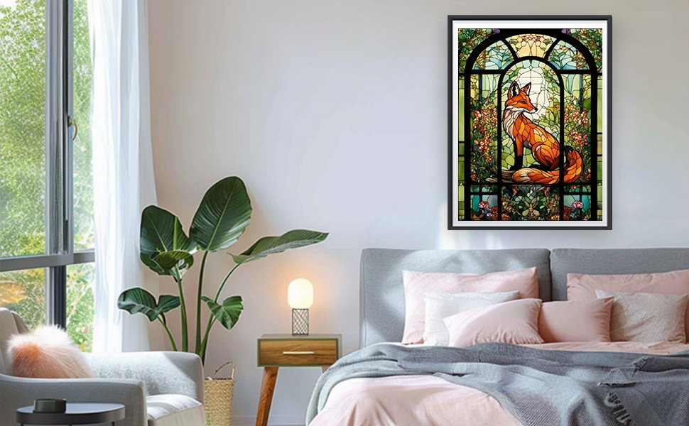 Framed stained glass style fox art hanging on a wall above a bed in a bedroom setting.