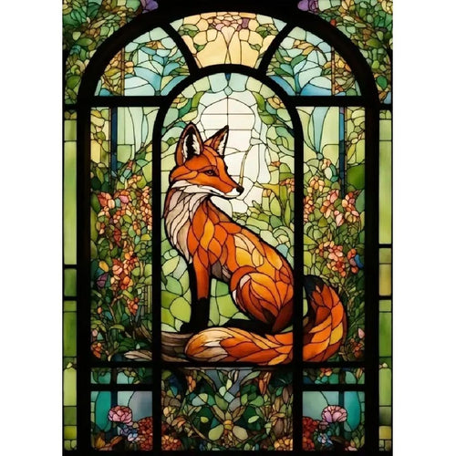 Fox diamond painting kit design showing a fox sitting in front of a stained glass window with floral motifs.