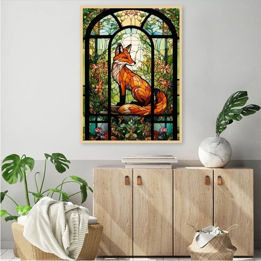 Stained glass style fox sitting on a ledge in front of an arched window with floral motifs.