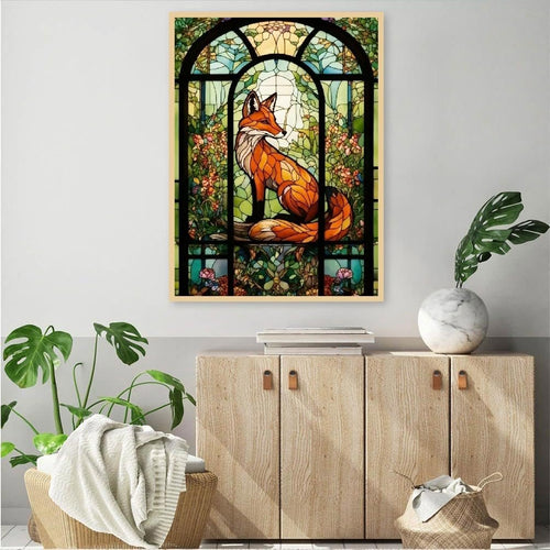 Stained glass style fox sitting on a ledge in front of an arched window with floral motifs.