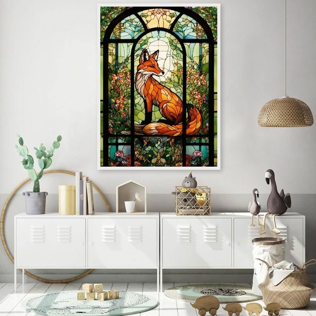 Stained glass style fox diamond painting kit displayed in a modern room setting.