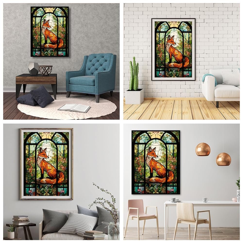 Four lifestyle images showing a diamond painting of a fox in a stained glass window style, displayed in different home settings.