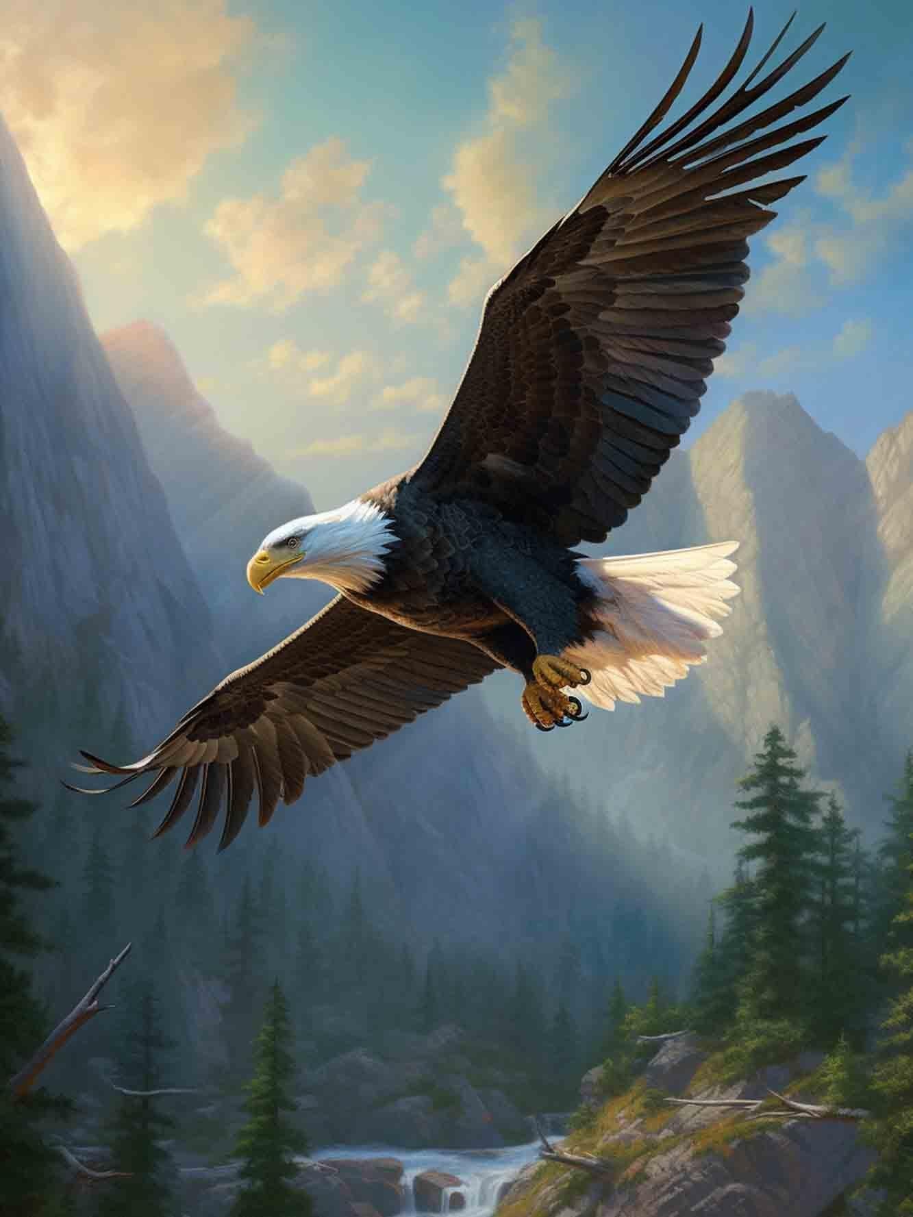Soaring bald eagle over a mountain valley with a river and pine trees