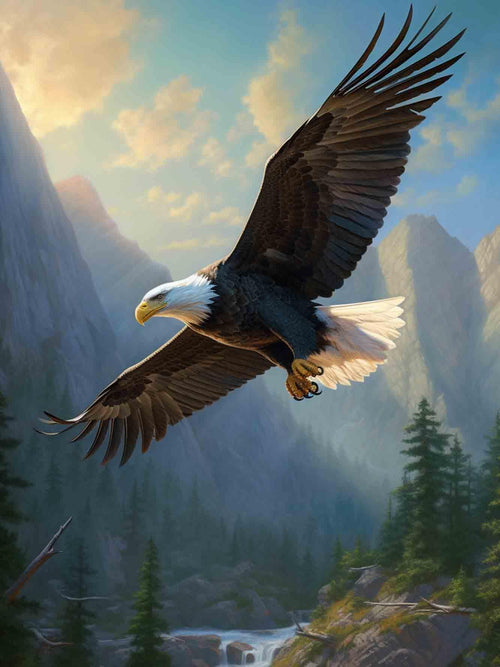Soaring bald eagle over a mountain valley with a river and pine trees