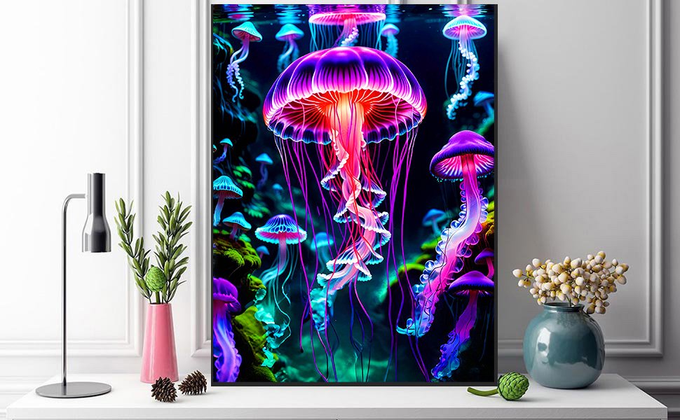Glowing jellyfish diamond painting kit displayed on a shelf with decorative items.