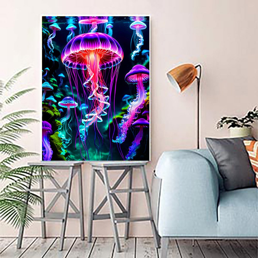 Glowing jellyfish diamond painting kit displayed in a living room setting above two stools, with a sofa and lamp nearby.