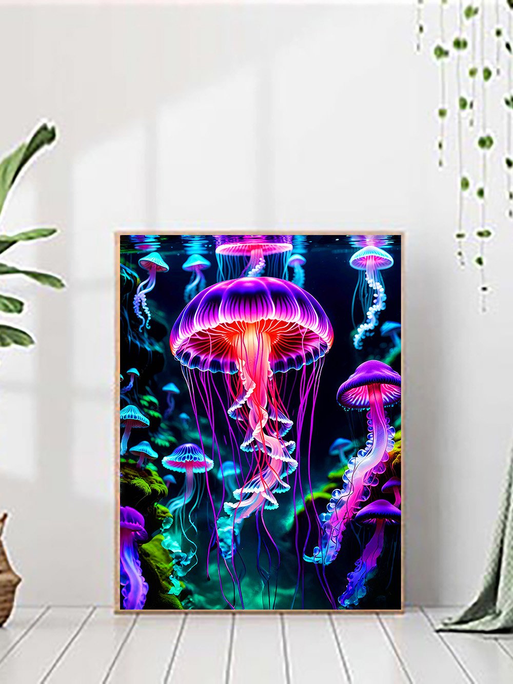 Framed 5D diamond painting kit featuring glowing jellyfish in vibrant pinks and blues, set against a dark underwater background.