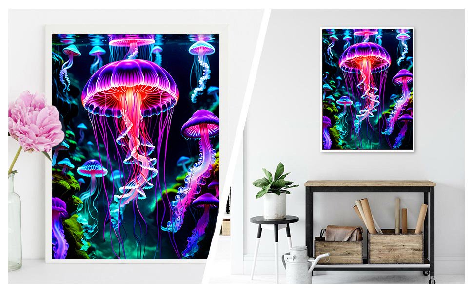 Diamond painting kit featuring glowing jellyfish in a dark underwater scene, displayed in a white frame and as wall decor.