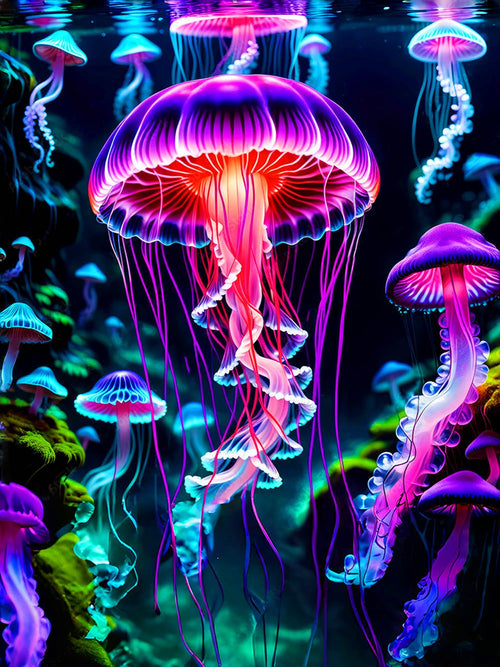 Glowing jellyfish and bioluminescent mushrooms in a dark underwater scene, vibrant pinks, purples, and blues.