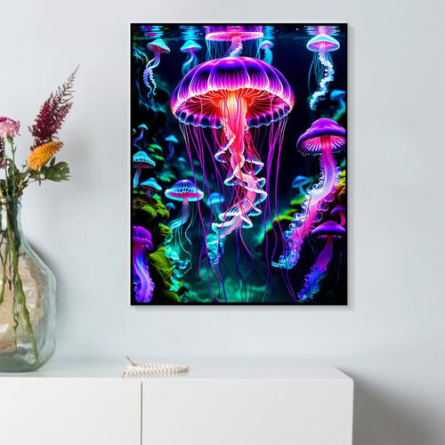Glowing jellyfish diamond painting kit displayed on a white dresser, vibrant colors, underwater scene.