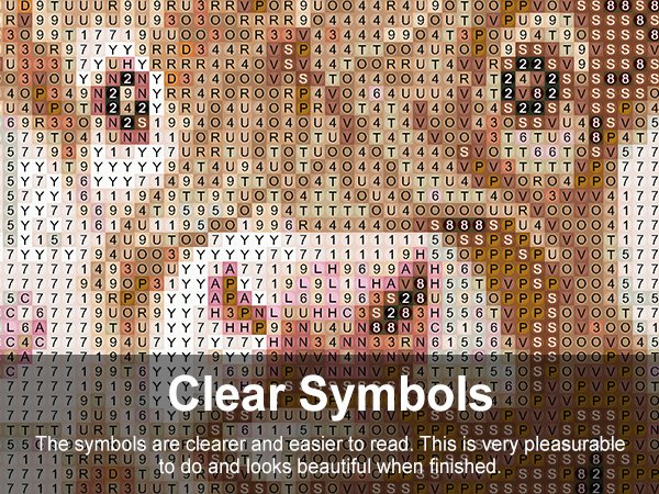 Diamond painting kit showing a grid of symbols on a canvas with text overlays.