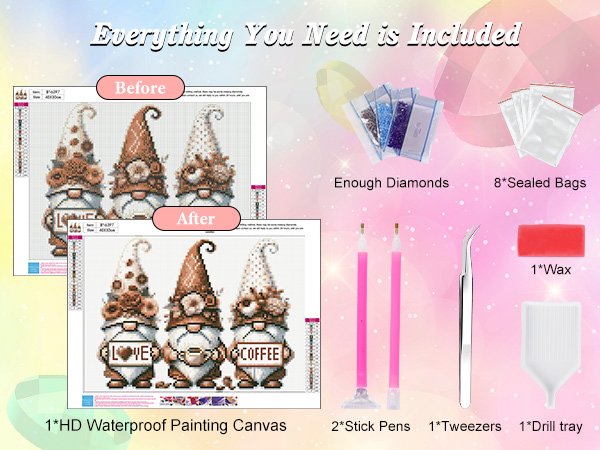 Diamond art kit showing before and after completion of gnome design, with included accessories like pens, tweezers, wax, and drill tray.