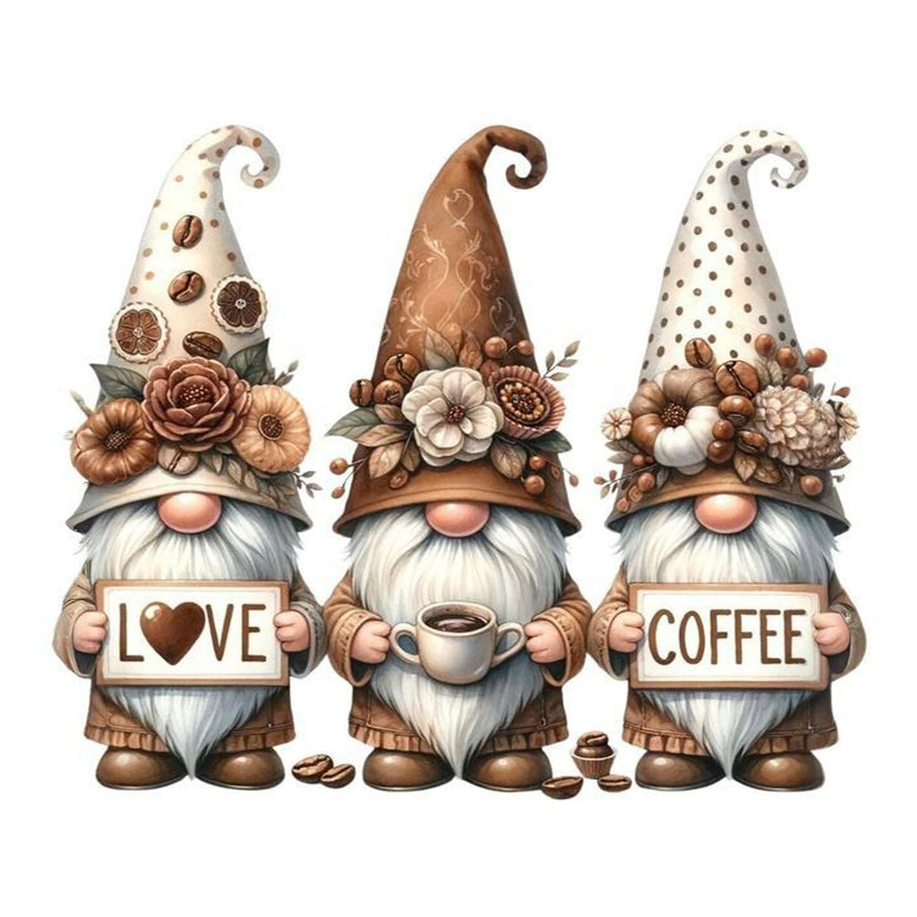 Three gnomes holding signs and coffee, one with 'LOVE', one with a coffee cup, and one with 'COFFEE'.