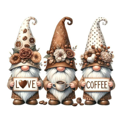 Three gnomes holding signs and coffee, one with 'LOVE', one with a coffee cup, and one with 'COFFEE'.