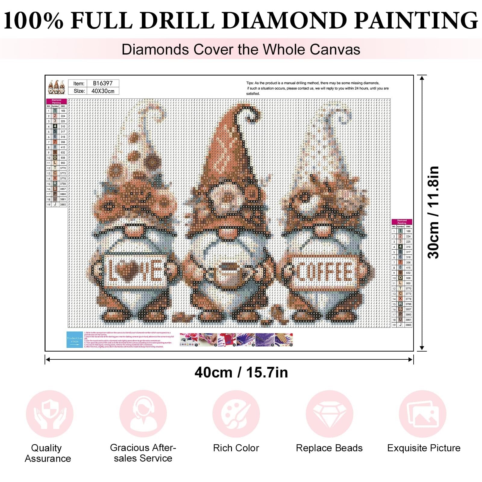Diamond painting kit featuring three gnomes with the words LOVE and COFFEE, showing the canvas and diamond color chart.