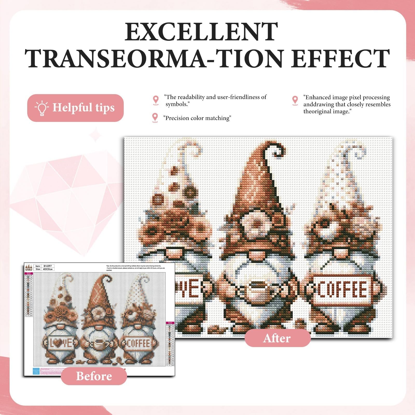 Diamond art painting comparison showing 'Before' and 'After' of gnomes holding signs that say LOVE and COFFEE.