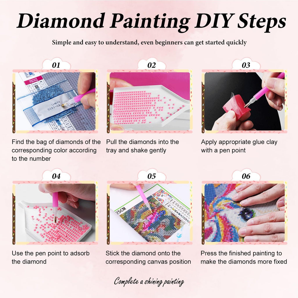 Diamond painting DIY steps illustrated with six numbered panels showing diamond sorting, tray filling, glue application, diamond pickup, placement, and final pressing.