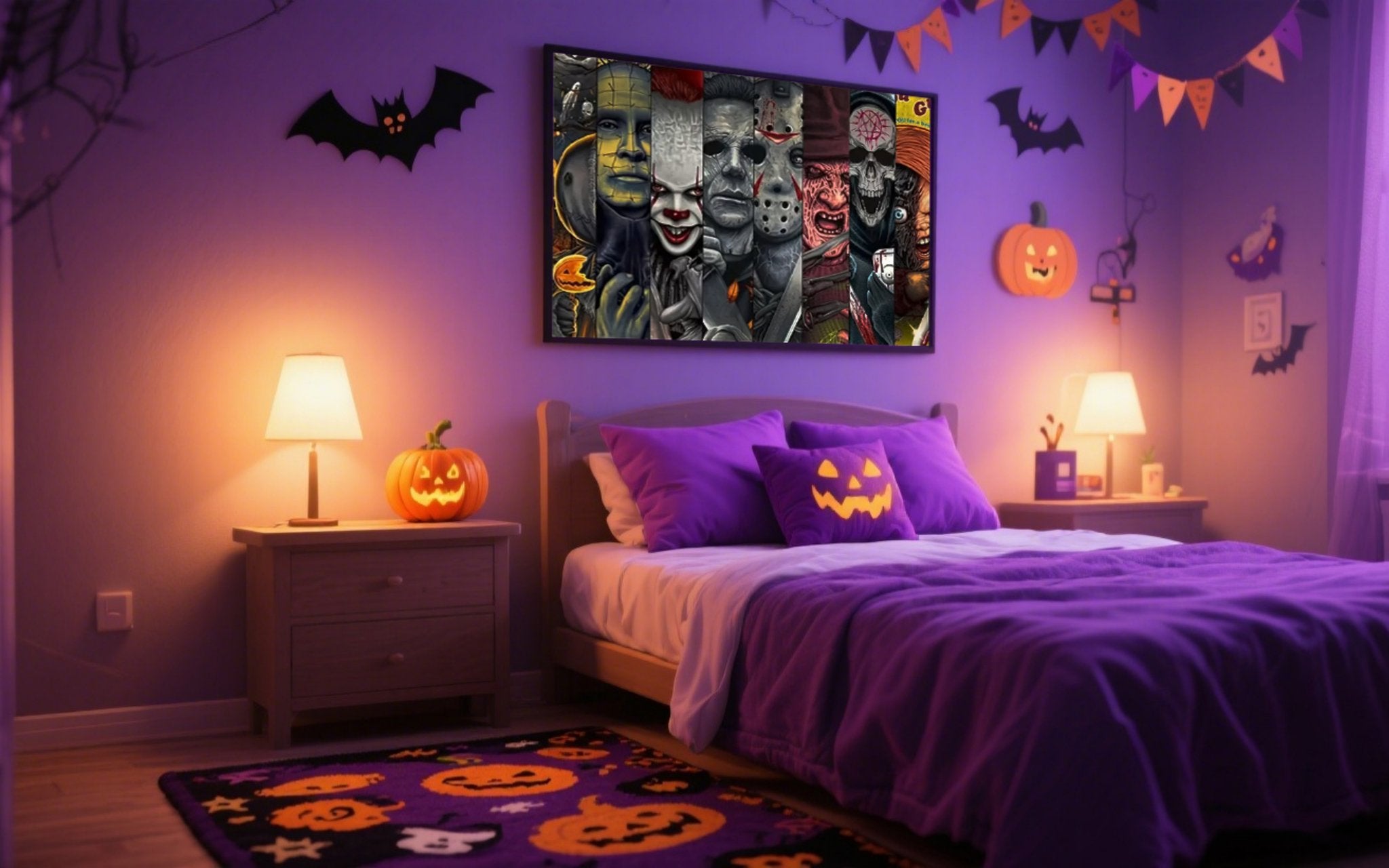 Bedroom decorated for Halloween with a bed, nightstands, and a framed horror movie collage art print.
