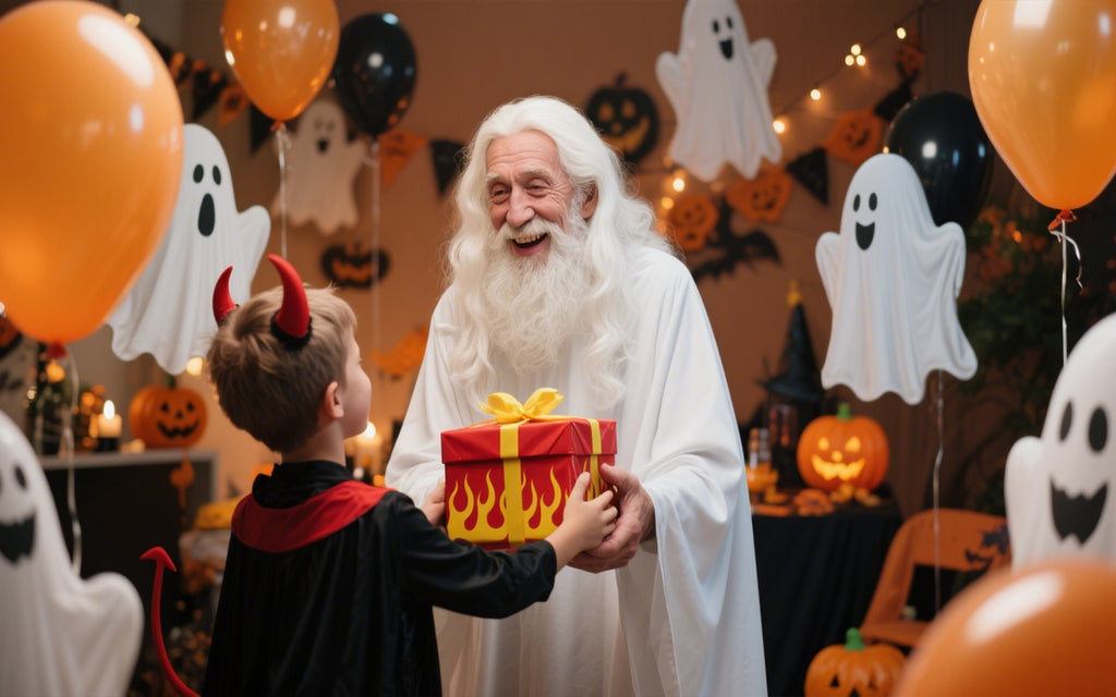 A smiling old man in a white robe gives a gift to a child in a devil costume, surrounded by Halloween decorations.