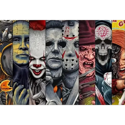 Collage of horror movie characters including Frankenstein, Pennywise, Michael Myers, Jason Voorhees, Freddy Krueger, and a skull.