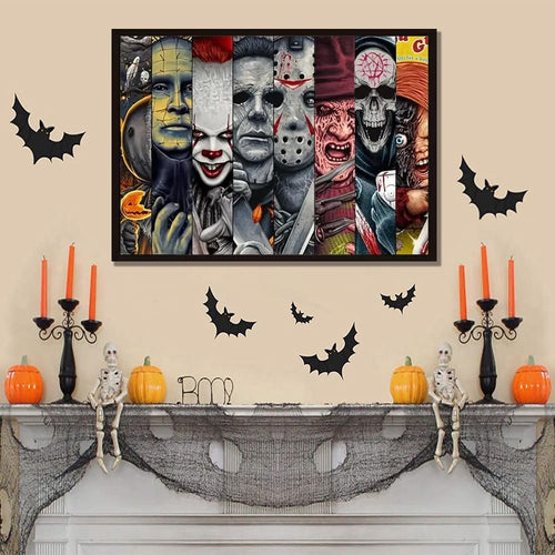 Halloween horror movie characters collage art displayed above a decorated fireplace with pumpkins and skeletons