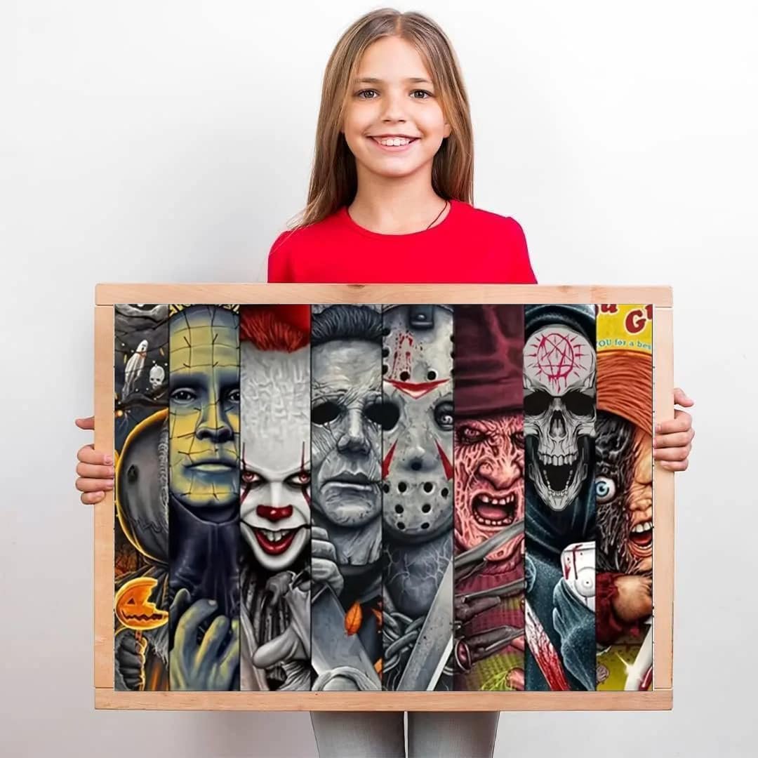 Young girl holding a 12x16 inch Halloween diamond art kit featuring horror movie characters