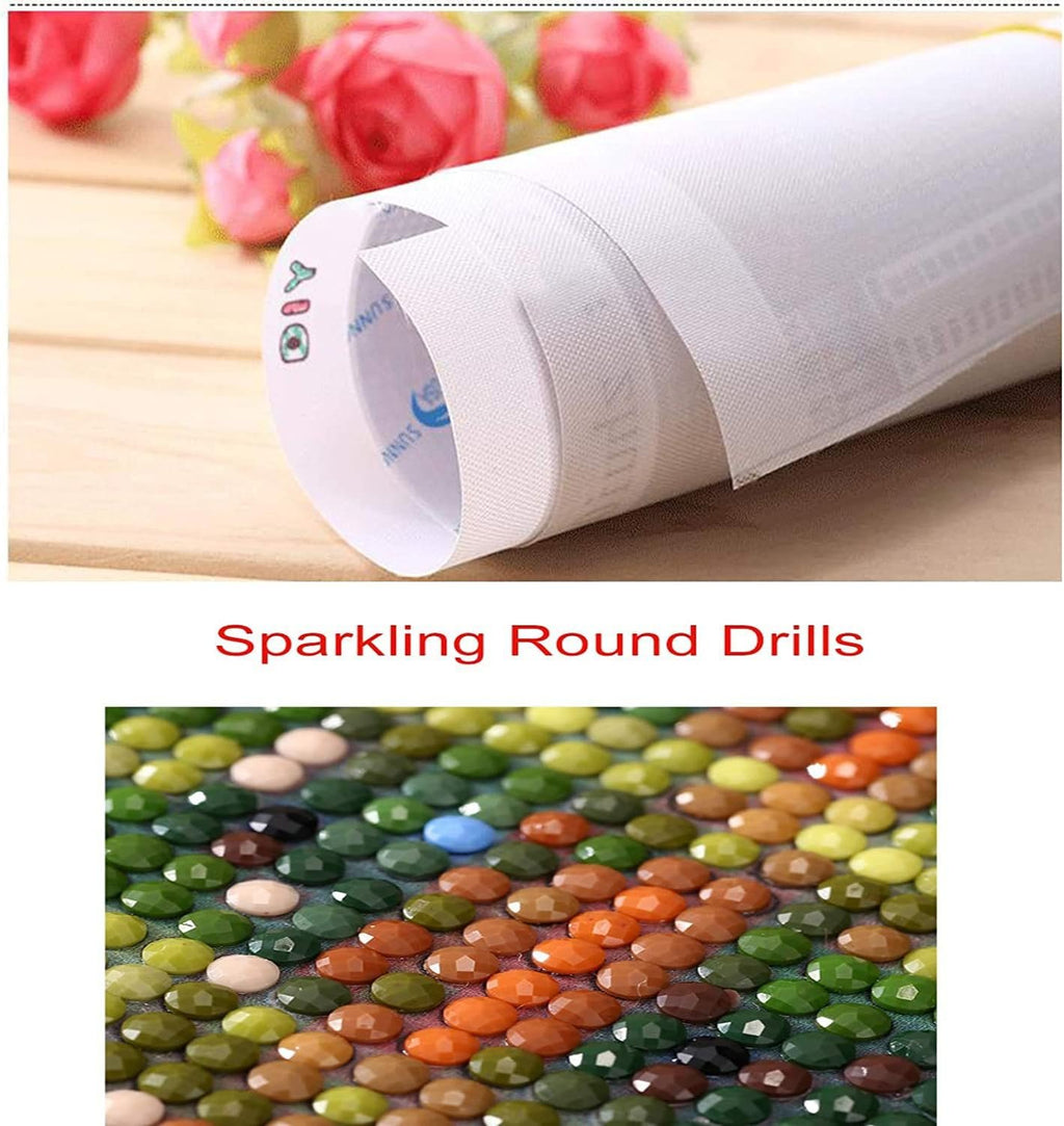 Diamond painting canvas roll and colorful resin drills in various shades of green, orange, and yellow.