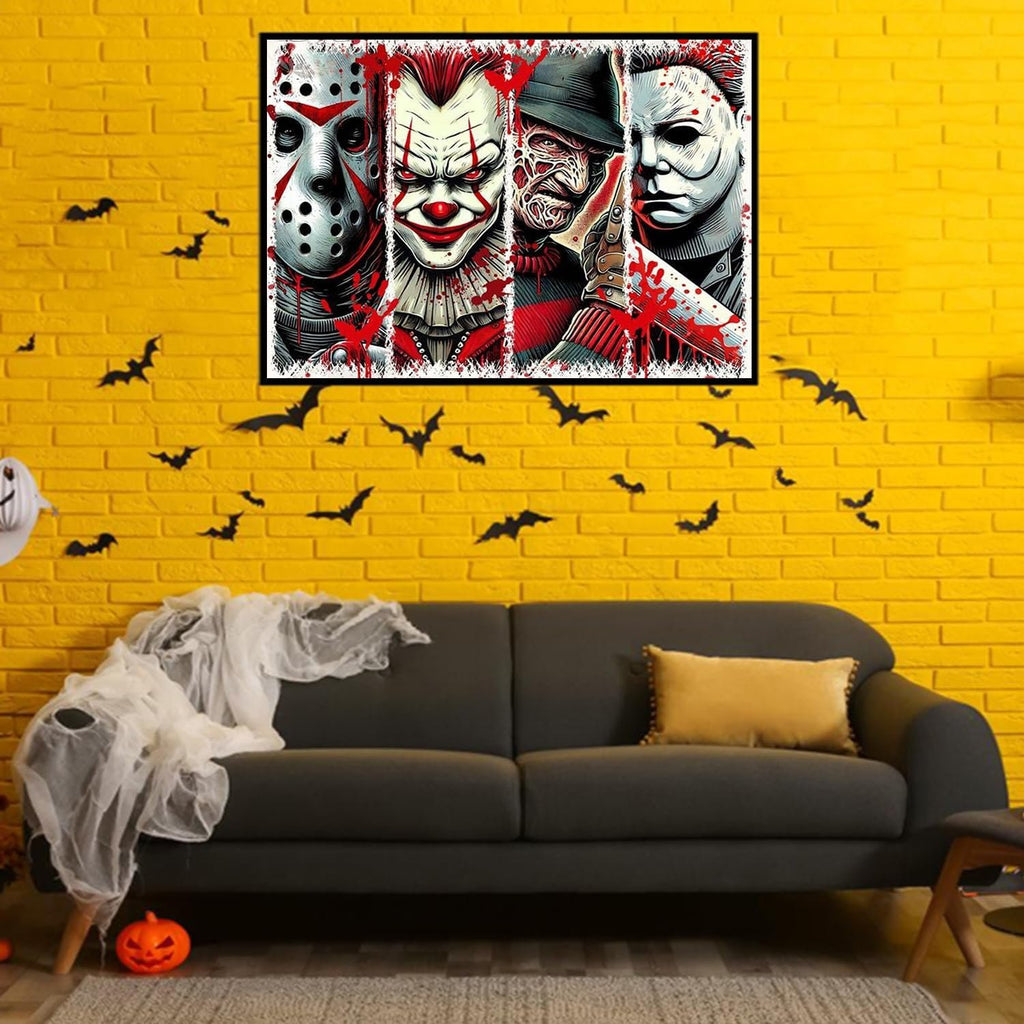 Diamond painting kit featuring four horror movie villains hanging on a yellow brick wall above a sofa.