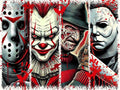 Collage of four horror movie villains: Jason Voorhees, Pennywise the Clown, Freddy Krueger, and Michael Myers, with red blood splatters.