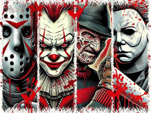 Collage of four horror movie villains: Jason Voorhees, Pennywise the Clown, Freddy Krueger, and Michael Myers, with red blood splatters.