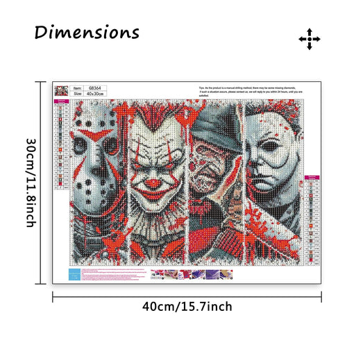 Diamond painting kit featuring four horror movie characters: Freddy Krueger, Pennywise, Leatherface, and Michael Myers, with a DMC color chart.