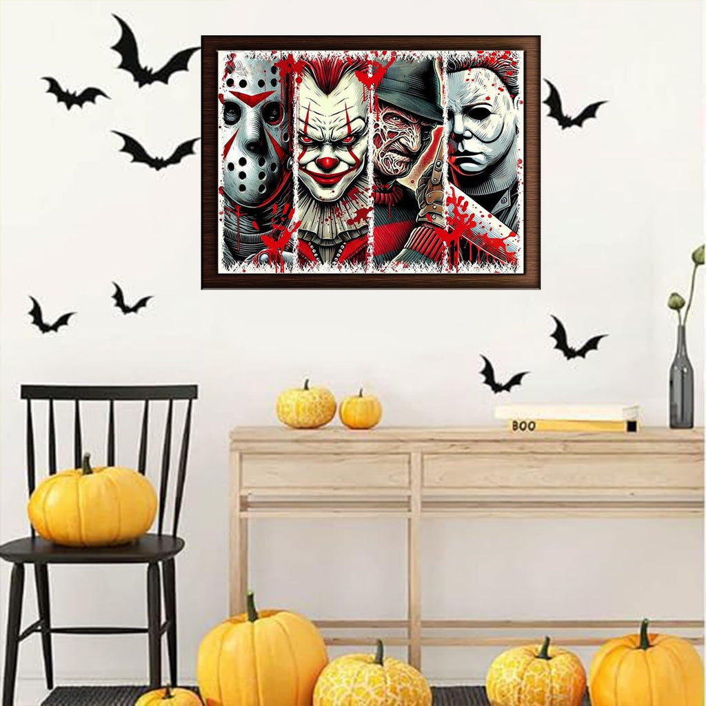 Halloween diamond painting kit featuring four horror movie villains, displayed on a wall with bat decals and pumpkins.