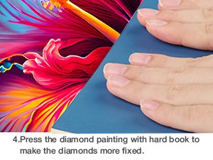 Hands pressing a diamond painting with a blue book to fix the diamonds.