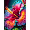 Close-up of a vibrant, colorful hibiscus flower with pink, yellow, and blue petals against a dark background.