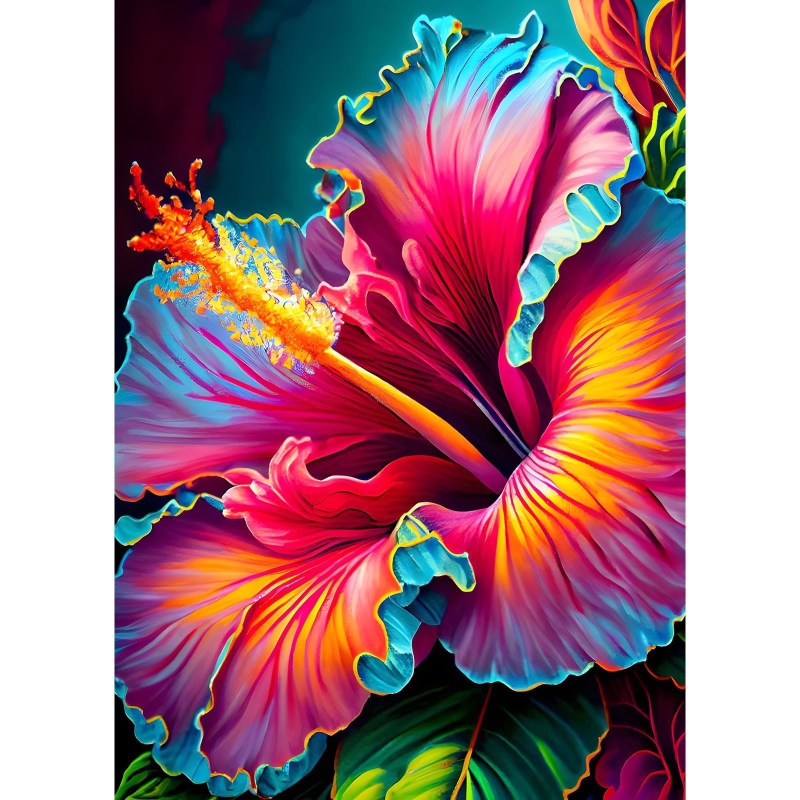 Close-up of a vibrant, colorful hibiscus flower with pink, yellow, and blue petals against a dark background.