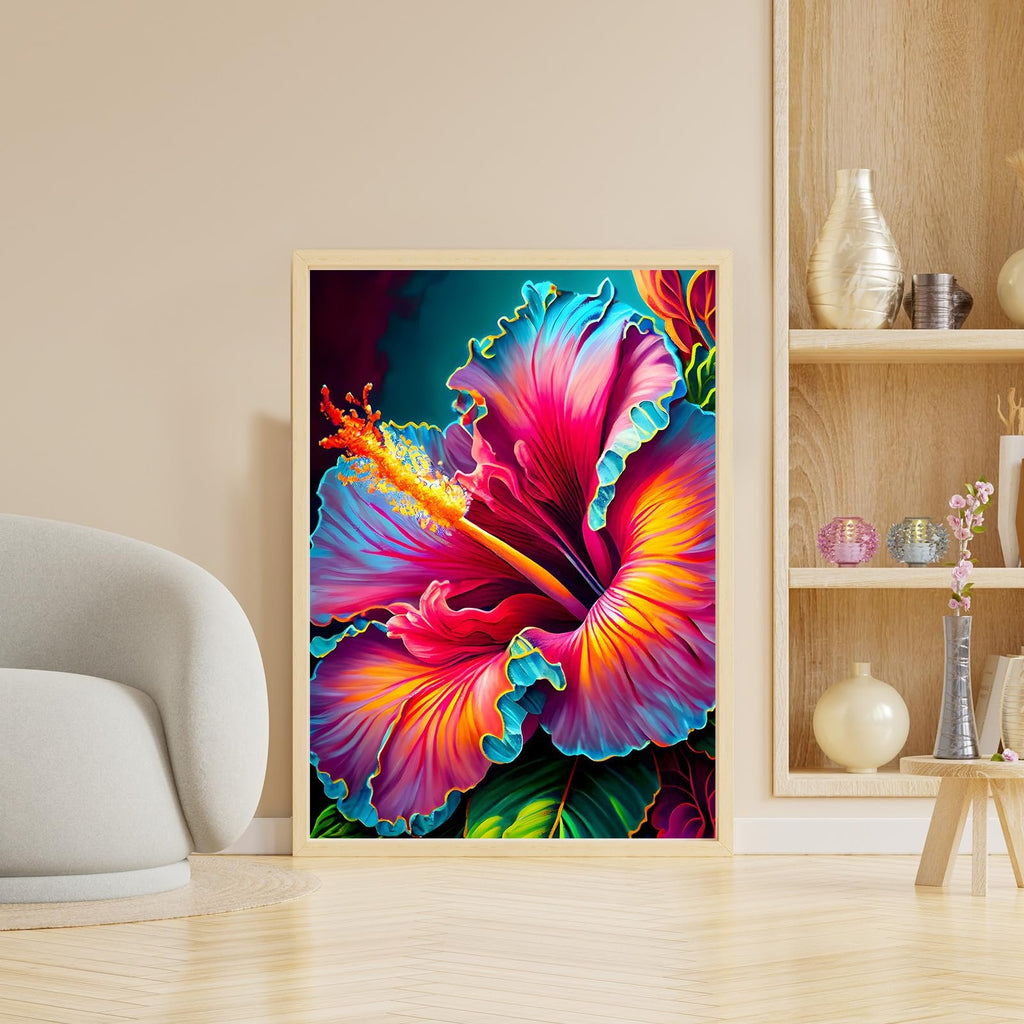 Framed vibrant hibiscus flower diamond painting art displayed in a living room setting next to a chair and bookshelf.