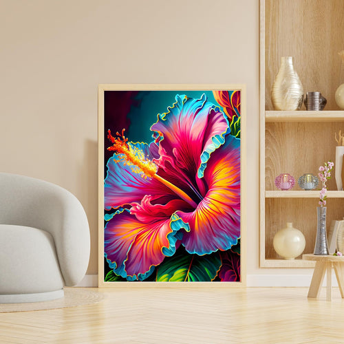Framed vibrant hibiscus flower diamond painting art displayed in a living room setting next to a chair and bookshelf.
