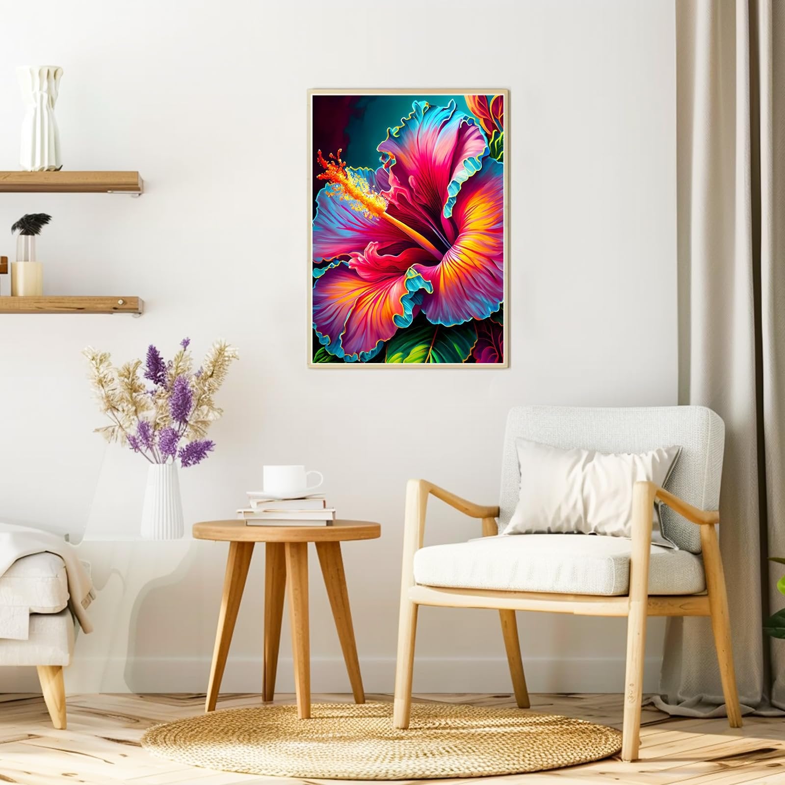 Vibrant hibiscus diamond painting artwork framed on a wall above a chair and side table.
