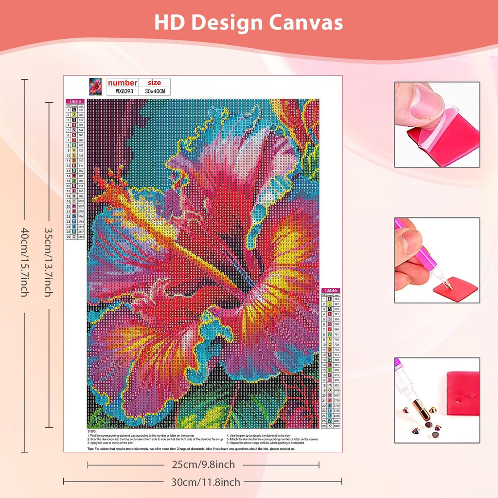 Diamond painting kit showing a colorful hibiscus flower design with a color/symbol key and instructions.
