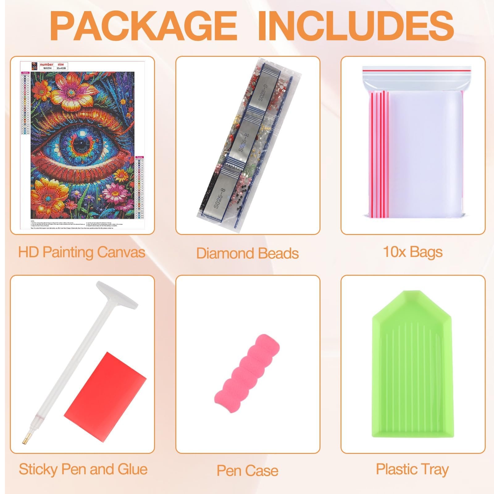 Diamond painting kit contents laid out: canvas with eye design, diamond beads, bags, sticky pen, pen case, and tray.