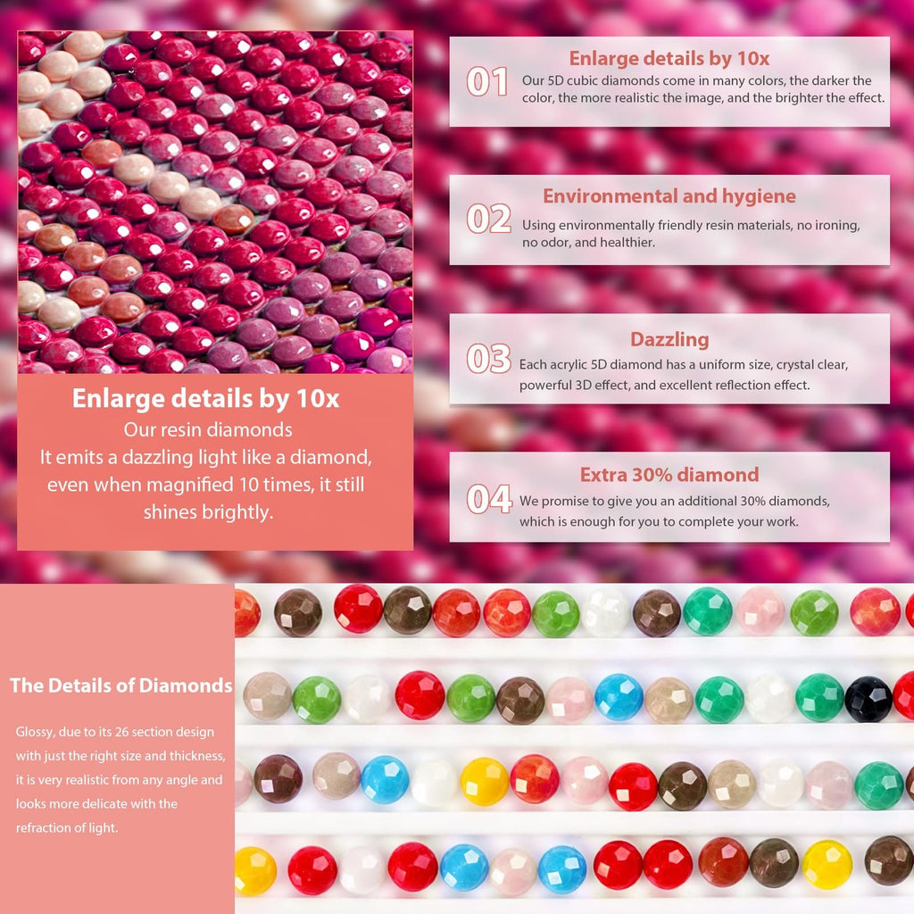 Diamond painting kit details showing close-up of resin diamonds and a tray of colorful diamonds.